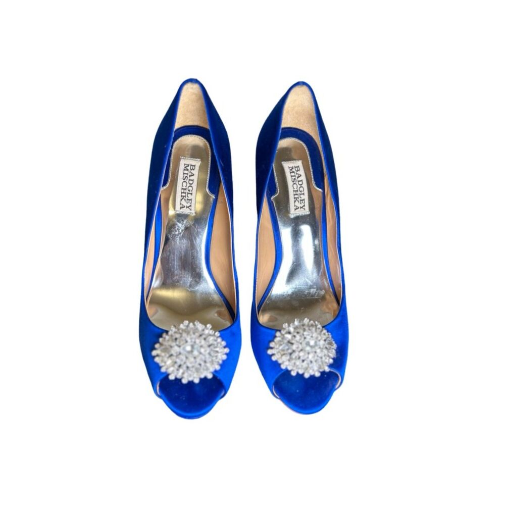 Electric blue satin 4 inch stiletto pumps with crystal brooch - Picture 5 of 6